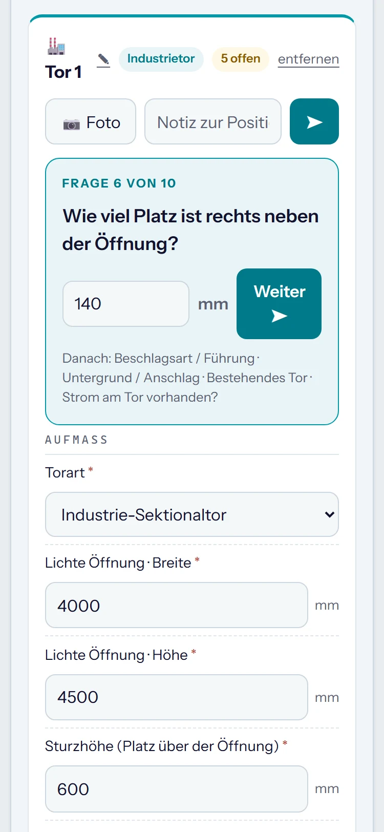 Aufmaß auf dem Handy: Frage 6 von 10, Platz rechts neben der Öffnung, 140 mm