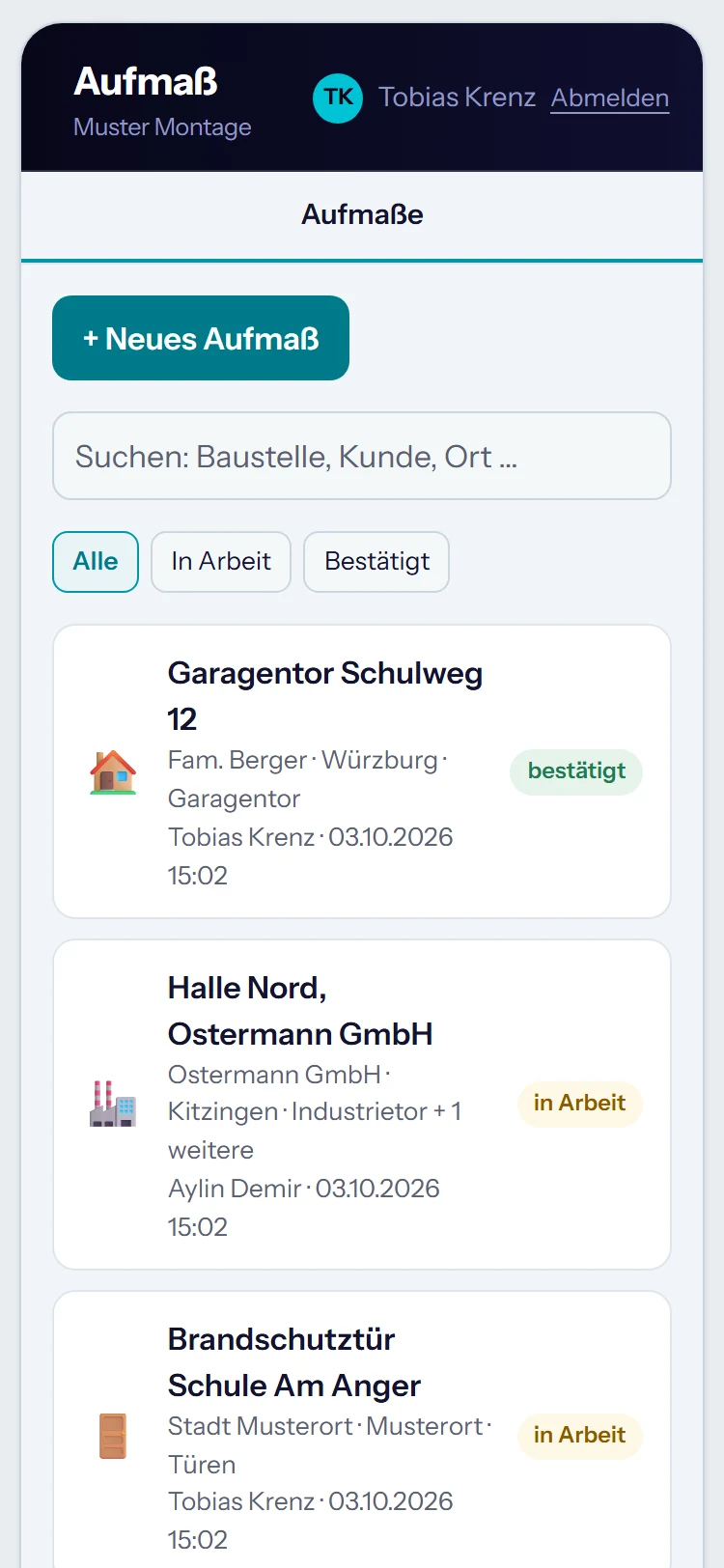 Aufmaß auf dem Handy: Liste der Aufmaße mit Status bestätigt oder in Arbeit