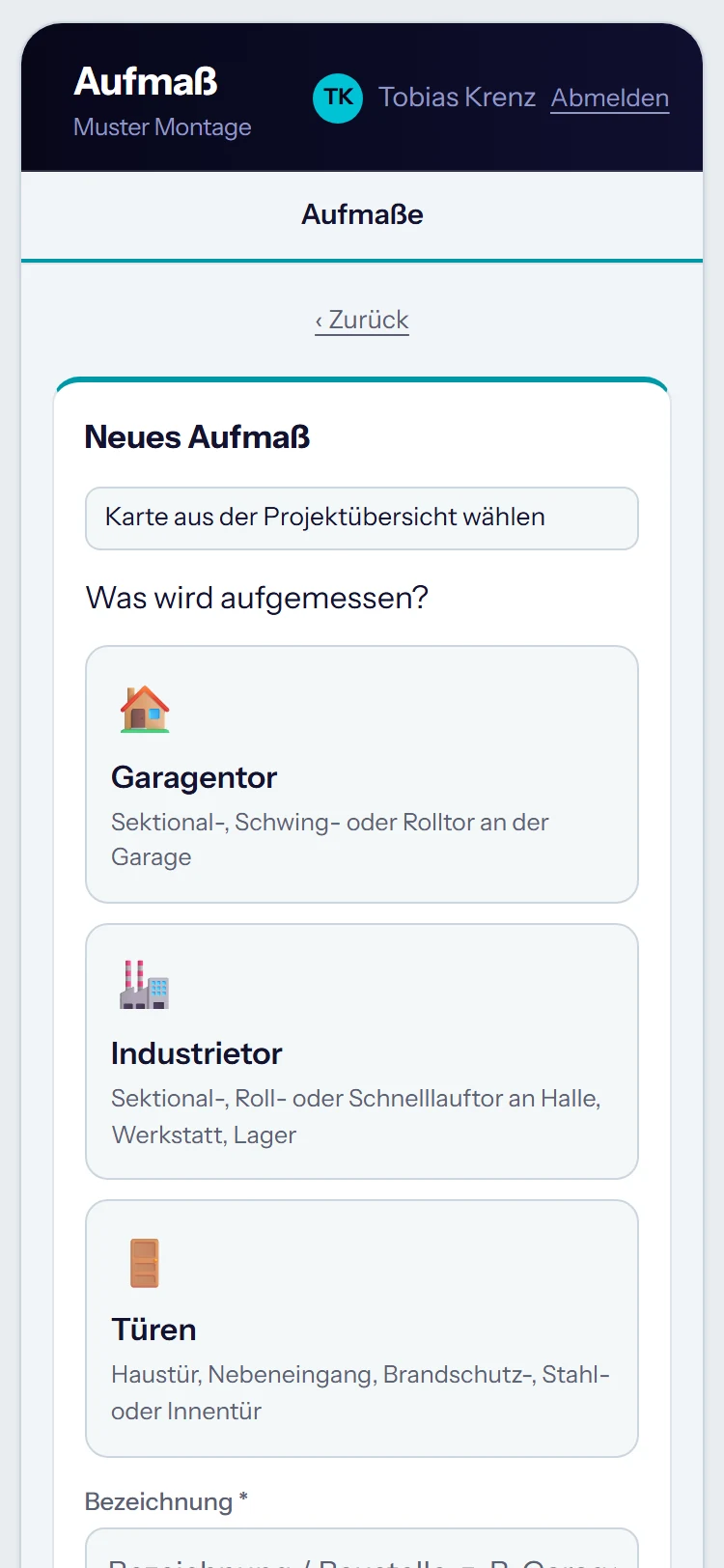 Aufmaß auf dem Handy: Kategorie wählen, dann messen